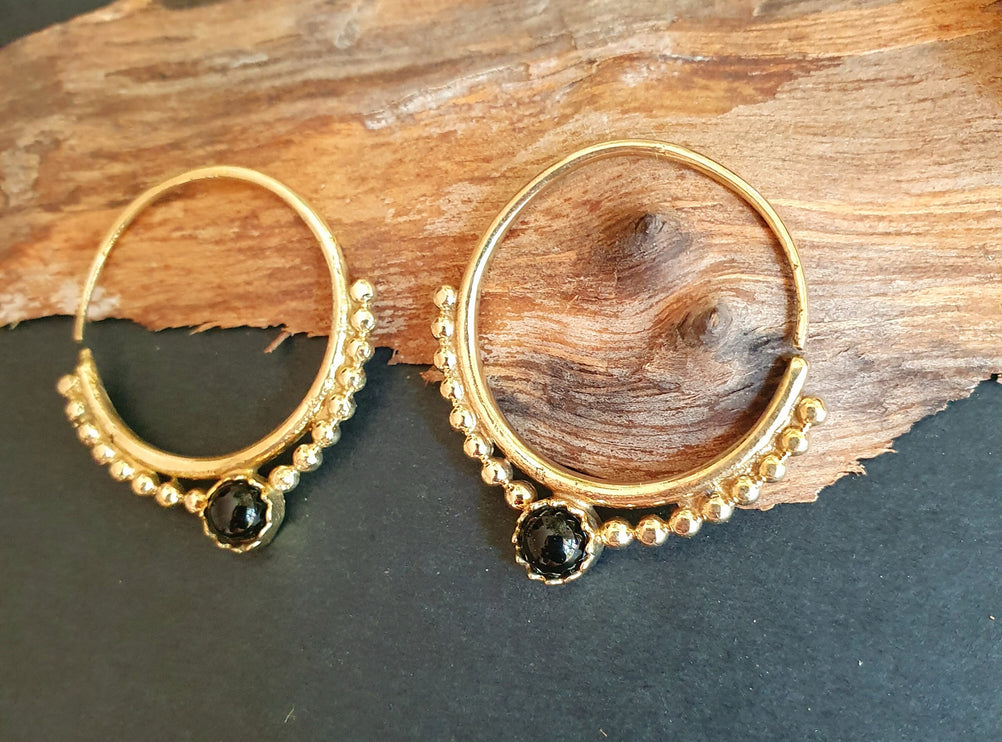 Small Boho Hoops Black Onyx Brass Earrings / Triangle / Mandala / Ethnic / Rustic / Yoga / Hippie / Gypsy / Psy / Bohemian / Festival