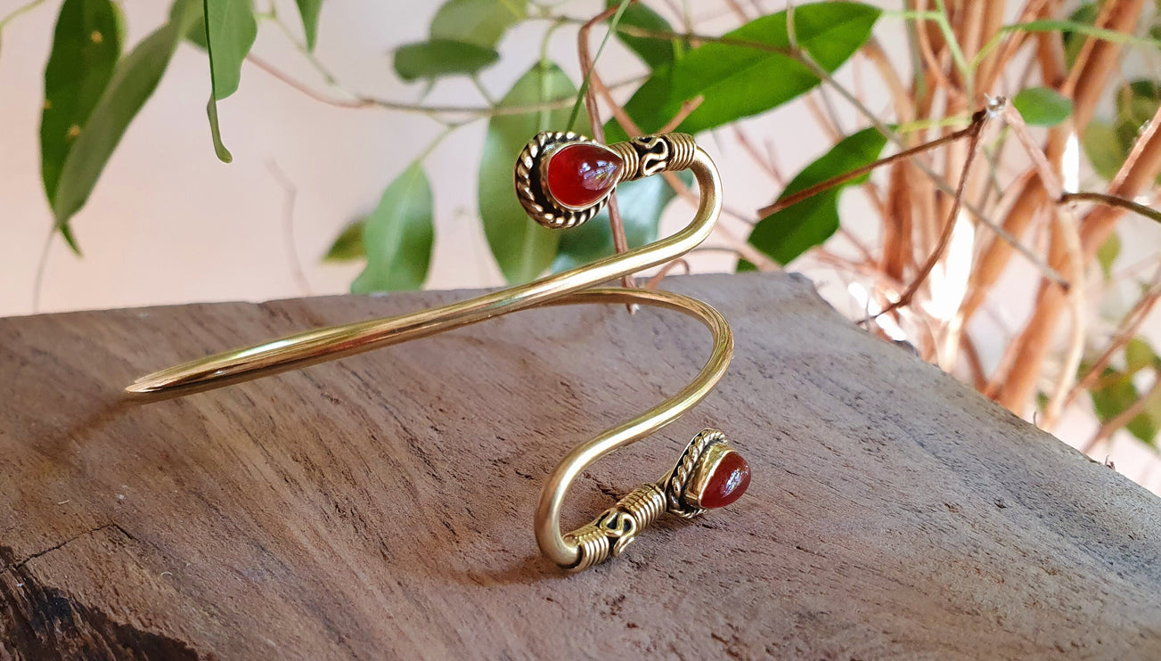 Spiral Boho Bracelet / Cornelian / Brass / Arm Bracelet / Red Stone /Ethnic / Rustic / Bohemian / Hippie / Gypsy / Adjustable