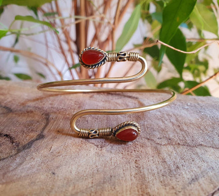 Spiral Boho Bracelet / Cornelian / Brass / Arm Bracelet / Red Stone /Ethnic / Rustic / Bohemian / Hippie / Gypsy / Adjustable