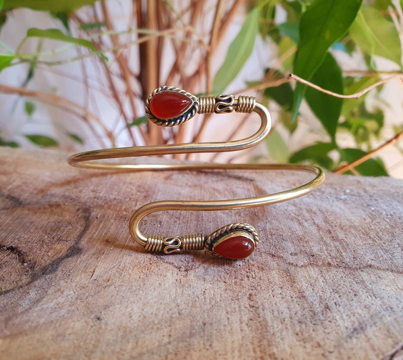 Spiral Boho Bracelet / Cornelian / Brass / Arm Bracelet / Red Stone /Ethnic / Rustic / Bohemian / Hippie / Gypsy / Adjustable