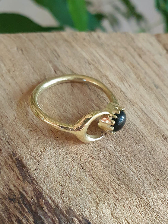 Golden Moon Ring / Black Onyx / Zodiac / Celestial / Boho / Ethnic / Rustic / Tribal / Gypsy / Festival / Healing / Festival 