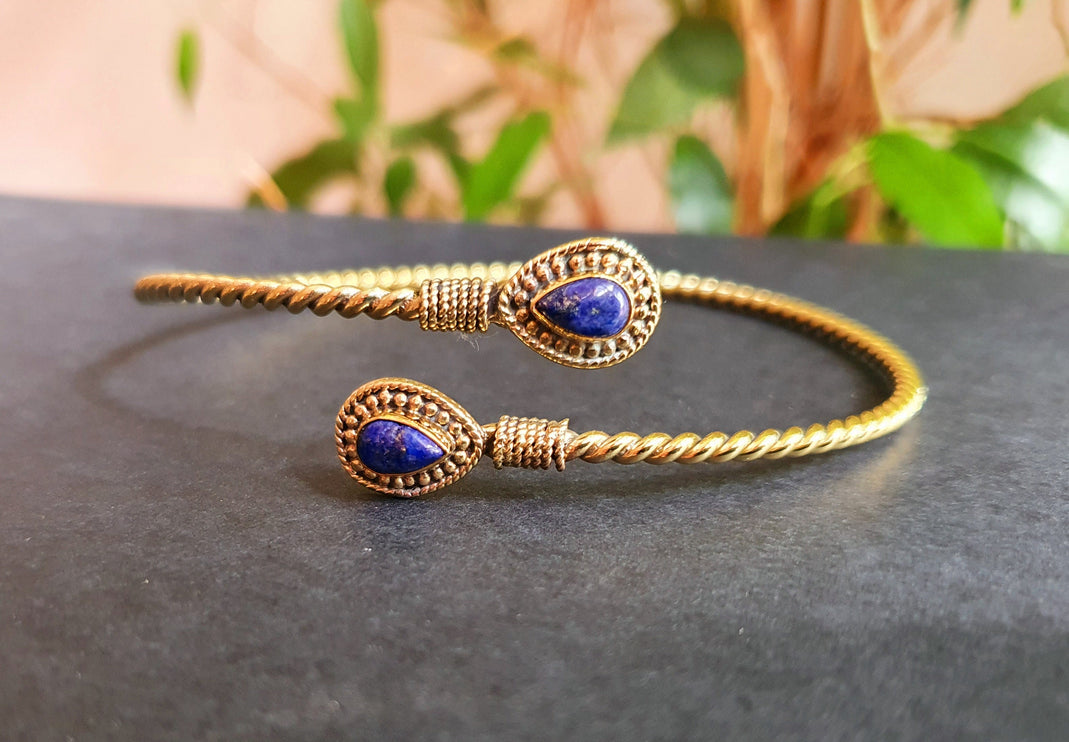 Arm Bracelet Brass & Lapis Lazuli / Tribal / Spiral / Boho / Bangle/ Ethnic / Rustic / Bohemian / Hippie / Gypsy / Psy / Adjustable 