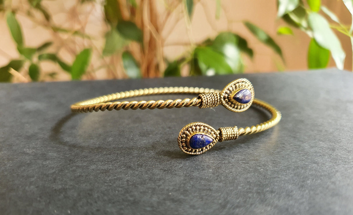 Arm Bracelet Brass & Lapis Lazuli / Tribal / Spiral / Boho / Bangle/ Ethnic / Rustic / Bohemian / Hippie / Gypsy / Psy / Adjustable 