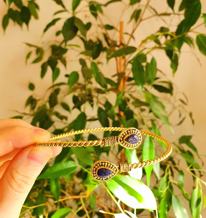 Arm Bracelet Brass & Lapis Lazuli / Tribal / Spiral / Boho / Bangle/ Ethnic / Rustic / Bohemian / Hippie / Gypsy / Psy / Adjustable 