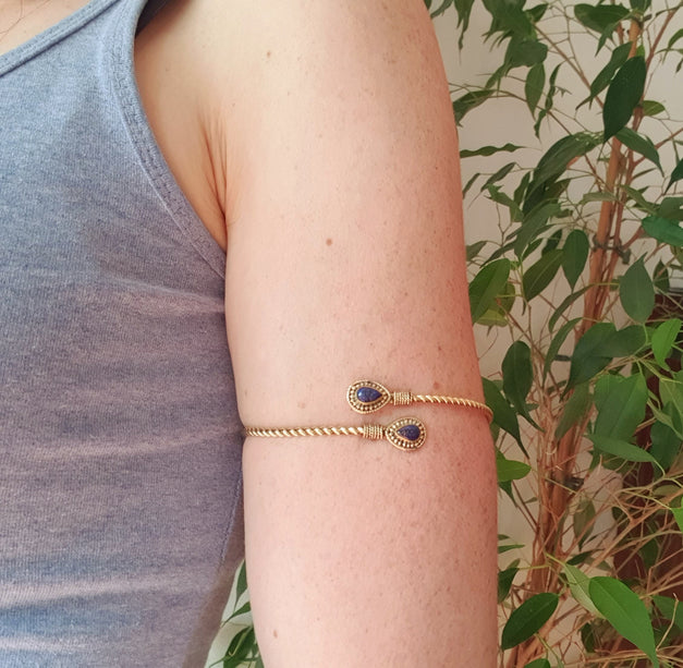 Arm Bracelet Brass & Lapis Lazuli / Tribal / Spiral / Boho / Bangle/ Ethnic / Rustic / Bohemian / Hippie / Gypsy / Psy / Adjustable 