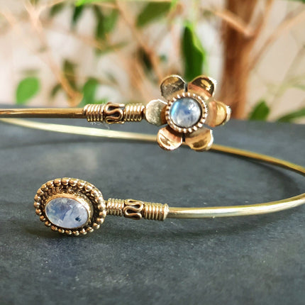 Golden Daisy Flower Arm Bracelet Brass & Moonstone / Tribal / Spiral / Boho / Bangle/ Ethnic / Rustic / Bohemian / Hippie / Adjustable 