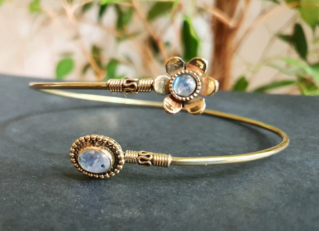 Golden Daisy Flower Arm Bracelet Brass & Moonstone / Tribal / Spiral / Boho / Bangle/ Ethnic / Rustic / Bohemian / Hippie / Adjustable 