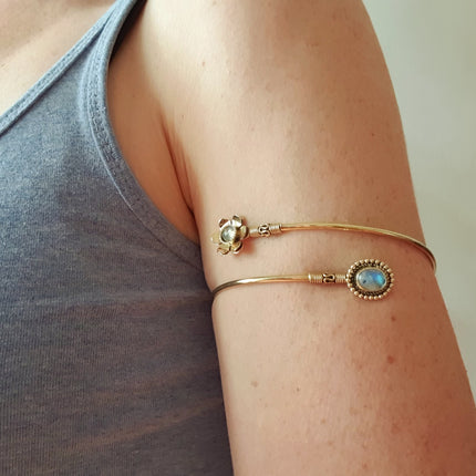 Golden Daisy Flower Arm Bracelet Brass & Moonstone / Tribal / Spiral / Boho / Bangle/ Ethnic / Rustic / Bohemian / Hippie / Adjustable 
