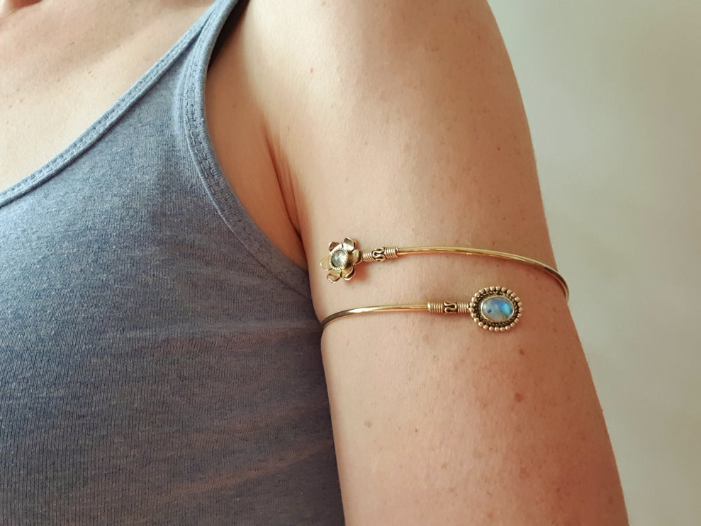 Golden Daisy Flower Arm Bracelet Brass & Moonstone / Tribal / Spiral / Boho / Bangle/ Ethnic / Rustic / Bohemian / Hippie / Adjustable 