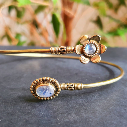 Golden Daisy Flower Arm Bracelet Brass & Moonstone / Tribal / Spiral / Boho / Bangle/ Ethnic / Rustic / Bohemian / Hippie / Adjustable 