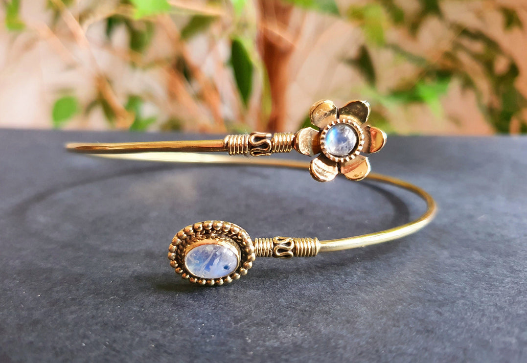 Golden Daisy Flower Arm Bracelet Brass & Moonstone / Tribal / Spiral / Boho / Bangle/ Ethnic / Rustic / Bohemian / Hippie / Adjustable 