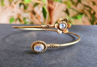 Golden Daisy Flower Arm Bracelet Brass & Moonstone / Tribal / Spiral / Boho / Bangle/ Ethnic / Rustic / Bohemian / Hippie / Adjustable 