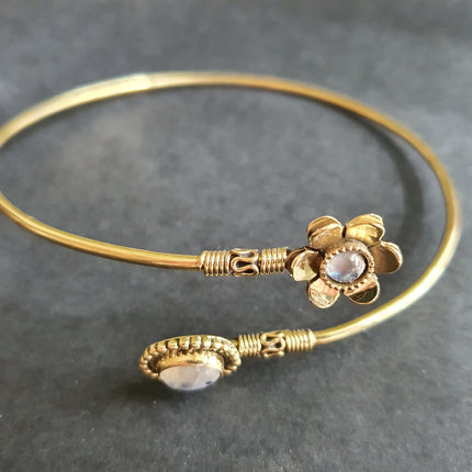 Golden Daisy Flower Arm Bracelet Brass & Moonstone / Tribal / Spiral / Boho / Bangle/ Ethnic / Rustic / Bohemian / Hippie / Adjustable 