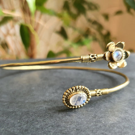 Golden Daisy Flower Arm Bracelet Brass & Moonstone / Tribal / Spiral / Boho / Bangle/ Ethnic / Rustic / Bohemian / Hippie / Adjustable 