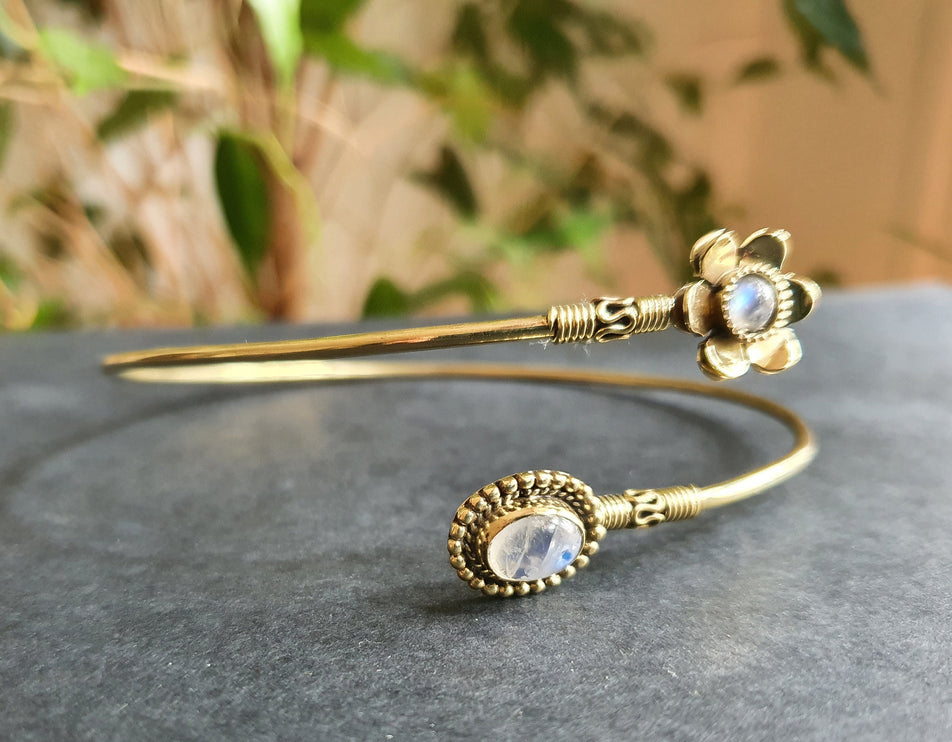 Golden Daisy Flower Arm Bracelet Brass & Moonstone / Tribal / Spiral / Boho / Bangle/ Ethnic / Rustic / Bohemian / Hippie / Adjustable 