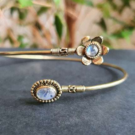 Golden Daisy Flower Arm Bracelet Brass & Moonstone / Tribal / Spiral / Boho / Bangle/ Ethnic / Rustic / Bohemian / Hippie / Adjustable 