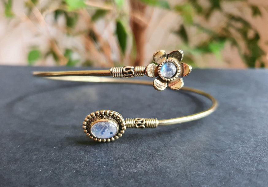 Golden Daisy Flower Arm Bracelet Brass & Moonstone / Tribal / Spiral / Boho / Bangle/ Ethnic / Rustic / Bohemian / Hippie / Adjustable 