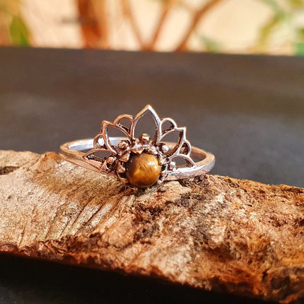 Silver Lotus Flower Ring / Tiger Eye / Boho / Ethnic / Rustic / Tribal / Gypsy / Festival / Indian / Healing / Festival 