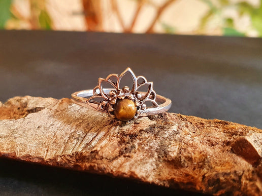 Silver Lotus Flower Ring / Tiger Eye / Boho / Ethnic / Rustic / Tribal / Gypsy / Festival / Indian / Healing / Festival 