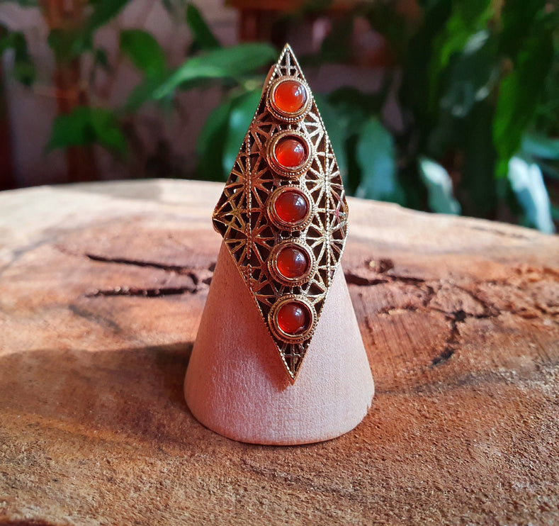 Brass Geometric Diamond Shape Ring / Red Garnet / Large /Boho / Ethnic / Rustic / Tribal / Gypsy / Festival / Indian / Healing / Festival 