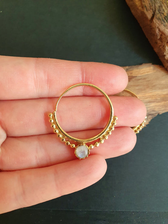 Small Boho Hoops Moonstone Brass earrings; Triangle, Mandala, Ethnic, rustic, yoga, hippie, gypsy,, psy, boho, bohemian, festival