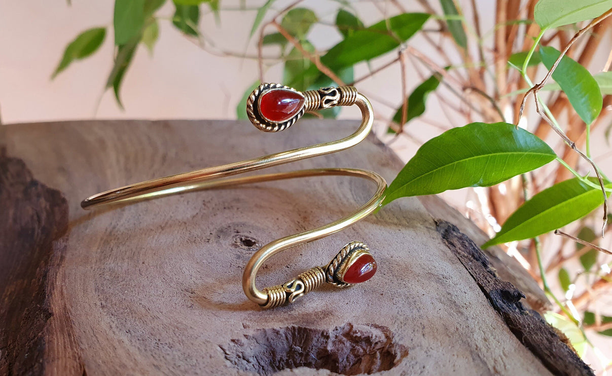 Spiral Boho Bracelet / Cornelian / Brass / Arm Bracelet / Red Stone /Ethnic / Rustic / Bohemian / Hippie / Gypsy / Adjustable