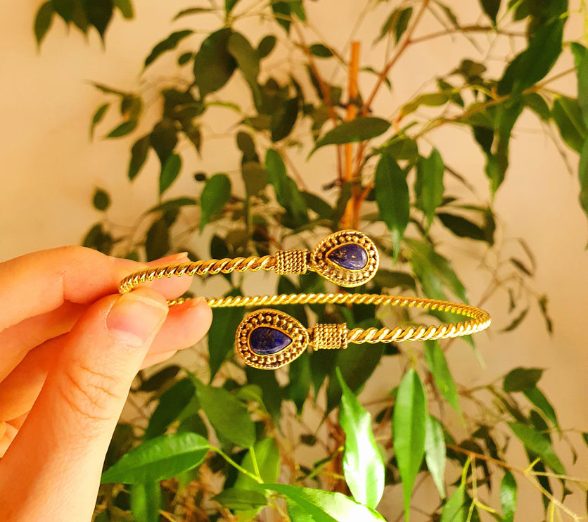 Arm Bracelet Brass & Lapis Lazuli / Tribal / Spiral / Boho / Bangle/ Ethnic / Rustic / Bohemian / Hippie / Gypsy / Psy / Adjustable 