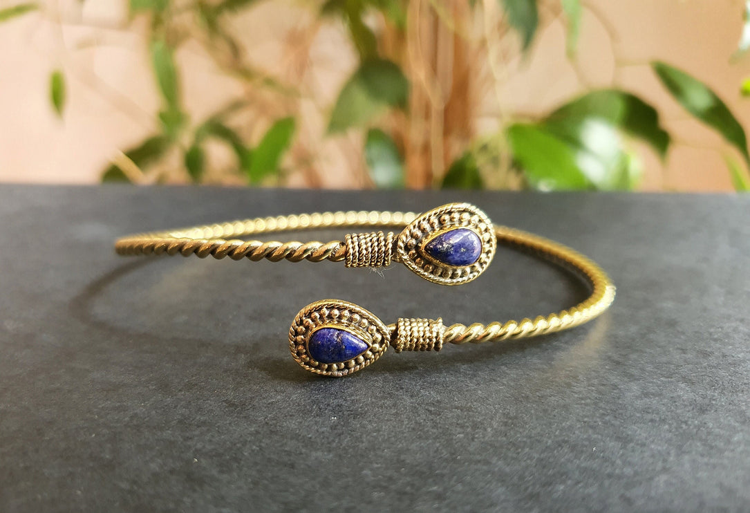 Arm Bracelet Brass & Lapis Lazuli / Tribal / Spiral / Boho / Bangle/ Ethnic / Rustic / Bohemian / Hippie / Gypsy / Psy / Adjustable 