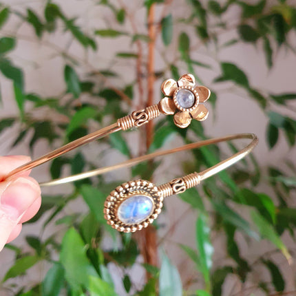 Golden Daisy Flower Arm Bracelet Brass & Moonstone / Tribal / Spiral / Boho / Bangle/ Ethnic / Rustic / Bohemian / Hippie / Adjustable 
