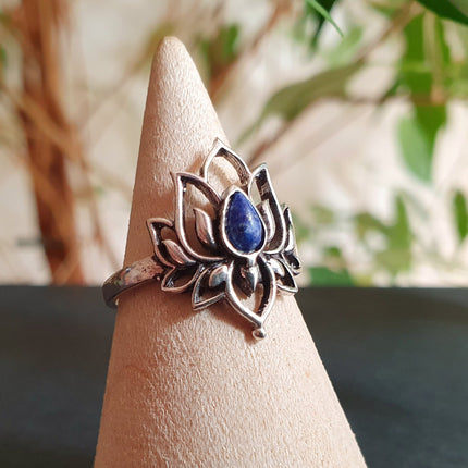Silver Lotus Flower Ring / Lapis Lazuli / Boho / Ethnic / Rustic / Tribal / Gypsy / Festival / Indian / Healing / Festival 