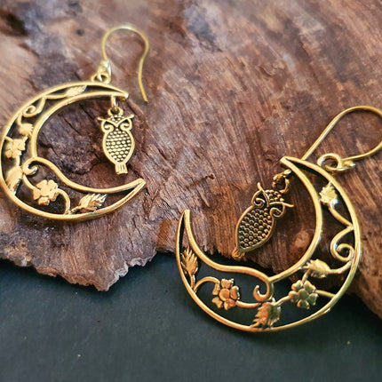 Owl In the Moon Dangle Brass Earrings / Stars / Birds / Drop / Rustic / Animals / Hippie / Gypsy / Nature / Boho / Bohemian / Festival