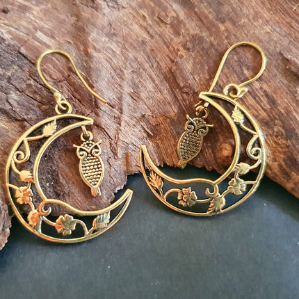 Owl In the Moon Dangle Brass Earrings / Stars / Birds / Drop / Rustic / Animals / Hippie / Gypsy / Nature / Boho / Bohemian / Festival