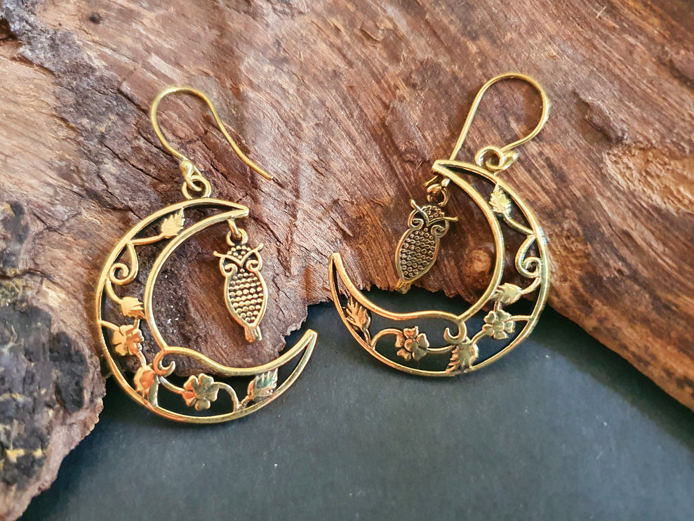 Owl In the Moon Dangle Brass Earrings / Stars / Birds / Drop / Rustic / Animals / Hippie / Gypsy / Nature / Boho / Bohemian / Festival