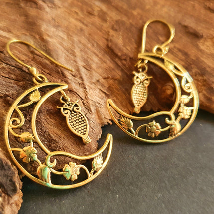 Owl In the Moon Dangle Brass Earrings / Stars / Birds / Drop / Rustic / Animals / Hippie / Gypsy / Nature / Boho / Bohemian / Festival