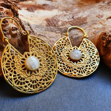 Golden Ethnic Moonstone Earrings Ethnic, rustic, yoga, hippie, gypsy, pretty, psy, boho, bohemian, festival