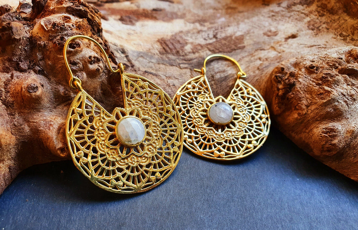 Golden Ethnic Moonstone Earrings Ethnic, rustic, yoga, hippie, gypsy, pretty, psy, boho, bohemian, festival