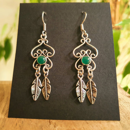 Green Onyx Silver Feather Drop Dangle earrings / Birth Stone / Ethnic / rustic, yoga, hippie, gypsy, pretty, psy, boho, bohemian, festival