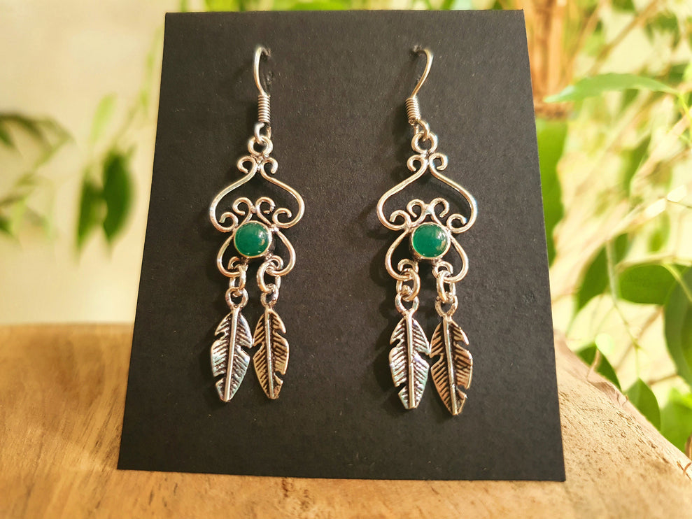 Green Onyx Silver Feather Drop Dangle earrings / Birth Stone / Ethnic / rustic, yoga, hippie, gypsy, pretty, psy, boho, bohemian, festival