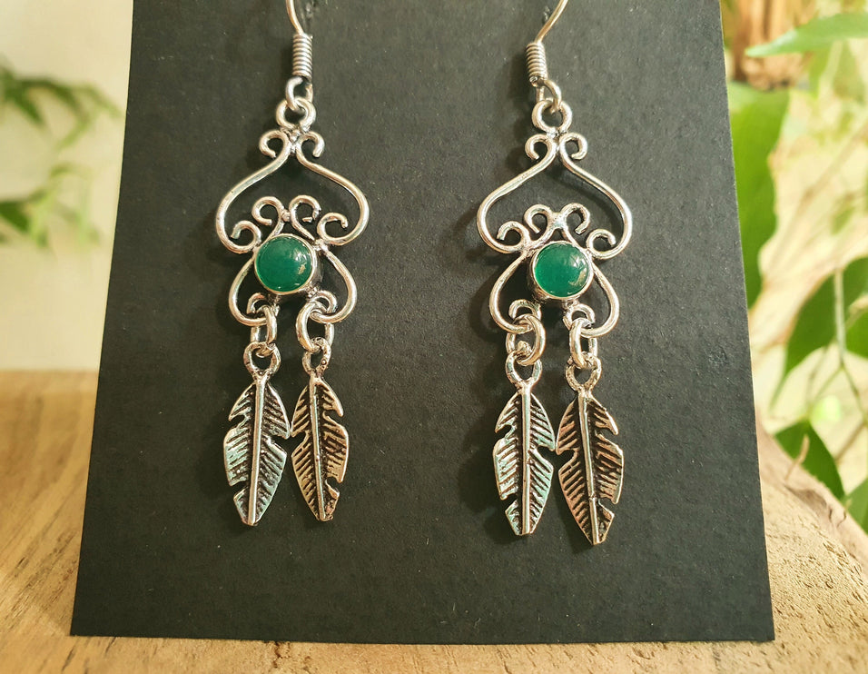 Green Onyx Silver Feather Drop Dangle earrings / Birth Stone / Ethnic / rustic, yoga, hippie, gypsy, pretty, psy, boho, bohemian, festival