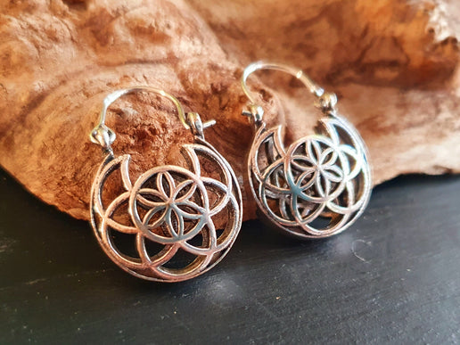 Boho Seed of Life Silver Earrings; Ethnic, Geometric, Small, Rustic, Yoga, Hippie, Gypsy, Pretty, Ssy, Boho, Bohemian, Festival