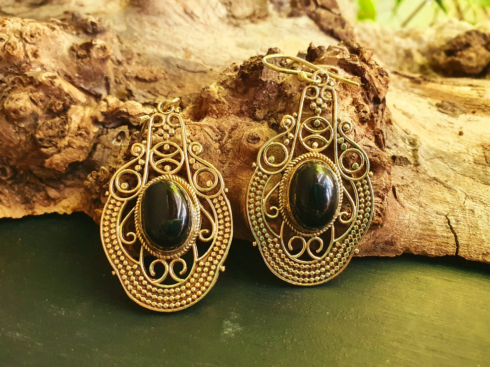 Large Blac Onyx Brass Drop Dangle earrings / Birth Stone / Ethnic / rustic, yoga, hippie, gypsy, pretty, psy, boho, bohemian, festival