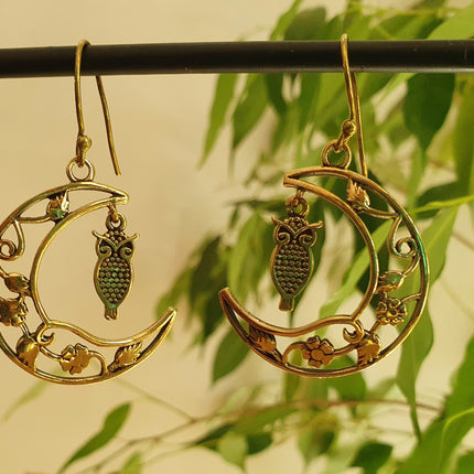 Owl In the Moon Dangle Brass Earrings / Stars / Birds / Drop / Rustic / Animals / Hippie / Gypsy / Nature / Boho / Bohemian / Festival