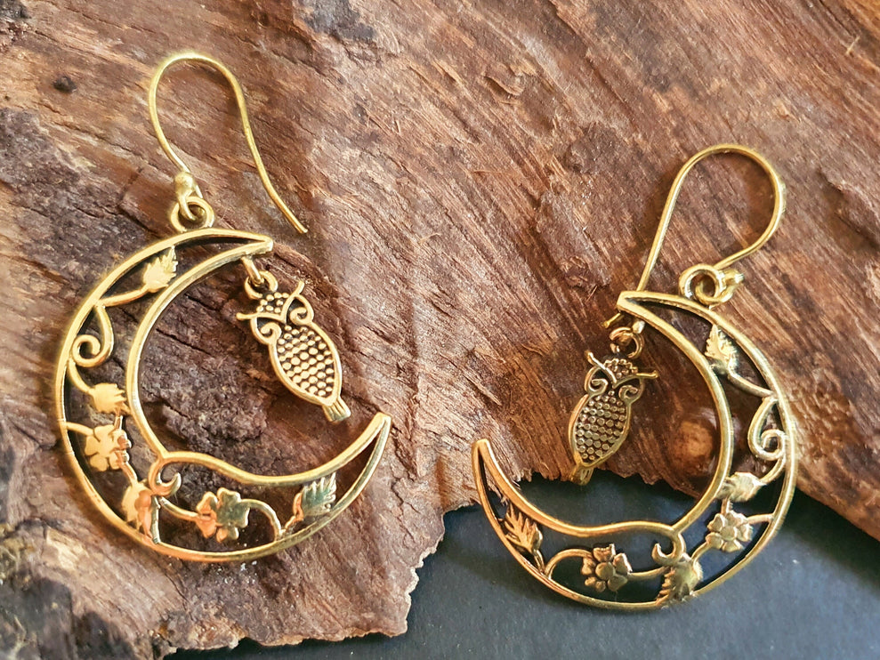 Owl In the Moon Dangle Brass Earrings / Stars / Birds / Drop / Rustic / Animals / Hippie / Gypsy / Nature / Boho / Bohemian / Festival