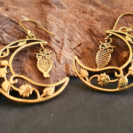 Owl In the Moon Dangle Brass Earrings / Stars / Birds / Drop / Rustic / Animals / Hippie / Gypsy / Nature / Boho / Bohemian / Festival
