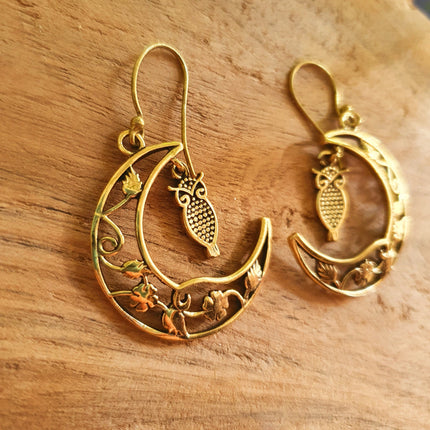 Owl In the Moon Dangle Brass Earrings / Stars / Birds / Drop / Rustic / Animals / Hippie / Gypsy / Nature / Boho / Bohemian / Festival