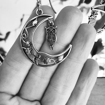 Owl In the Moon Dangle Brass Earrings / Stars / Birds / Drop / Rustic / Animals / Hippie / Gypsy / Nature / Boho / Bohemian / Festival