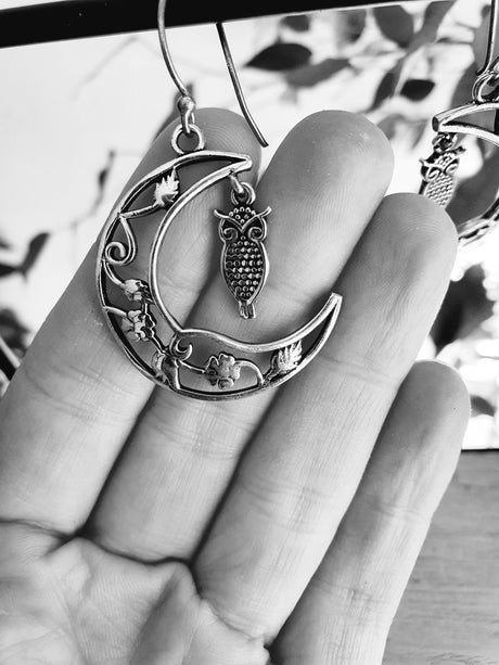 Owl In the Moon Dangle Brass Earrings / Stars / Birds / Drop / Rustic / Animals / Hippie / Gypsy / Nature / Boho / Bohemian / Festival