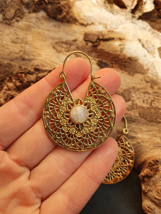 Golden Ethnic Moonstone Earrings Ethnic, rustic, yoga, hippie, gypsy, pretty, psy, boho, bohemian, festival