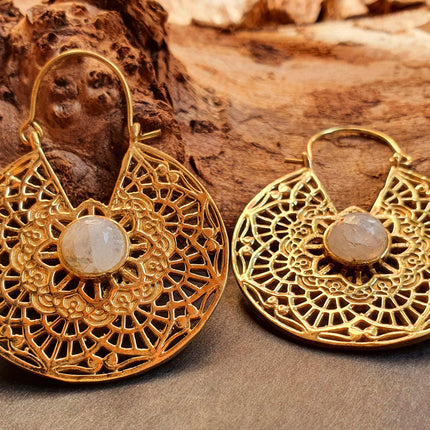 Golden Ethnic Moonstone Earrings Ethnic, rustic, yoga, hippie, gypsy, pretty, psy, boho, bohemian, festival