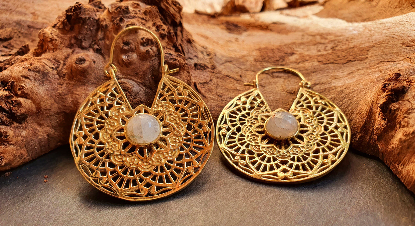 Golden Ethnic Moonstone Earrings Ethnic, rustic, yoga, hippie, gypsy, pretty, psy, boho, bohemian, festival